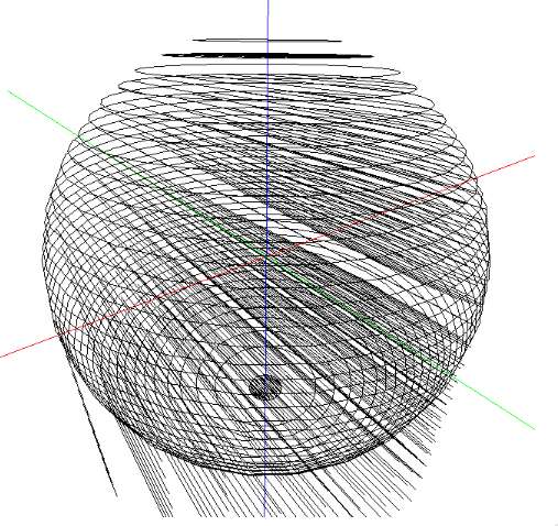 Visualisation en fil de fer dense du chemin d'outil adaptatif généré pour la sphère, montrant des centaines de contours de couches superposés concentrés là où la courbure est la plus élevée.